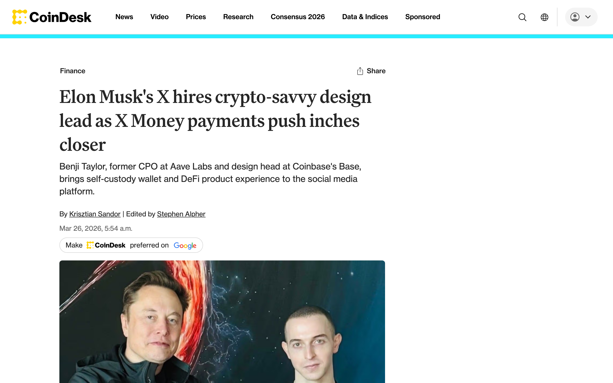 CoinDesk - X hires crypto-savvy design lead Benji Taylor (2026年3月25日)