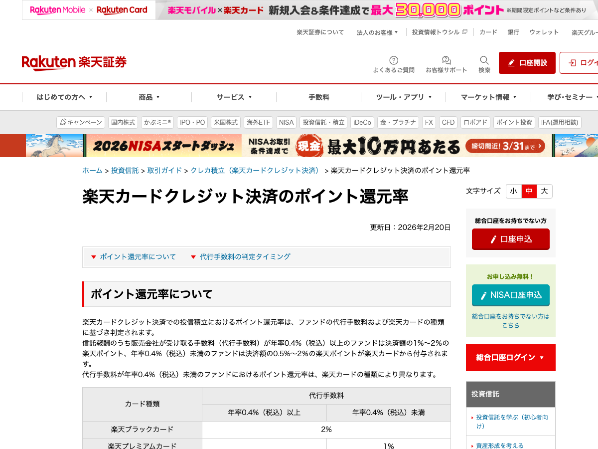 楽天証券 クレジットカード決済ポイント還元率一覧(2026年2月)
