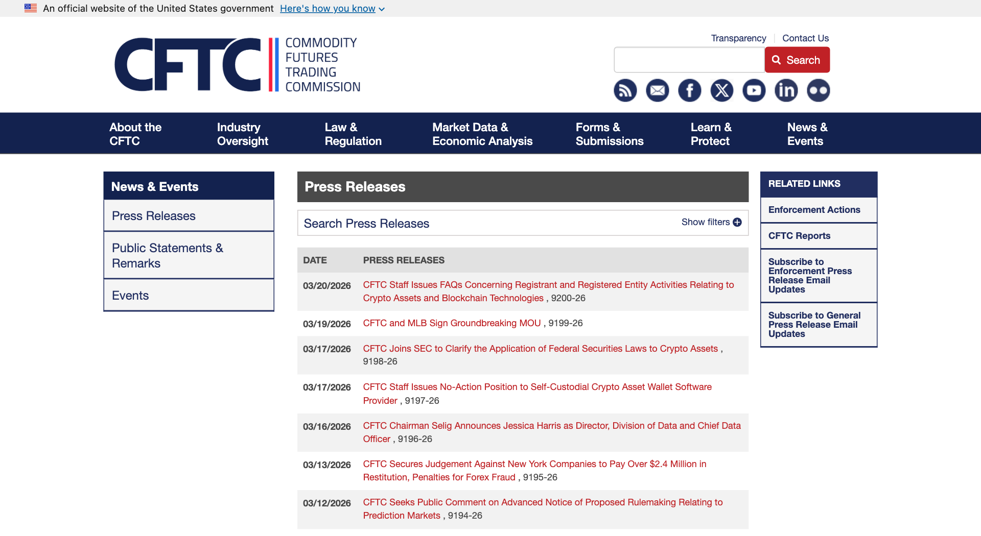 CFTC.govプレスリリースページ