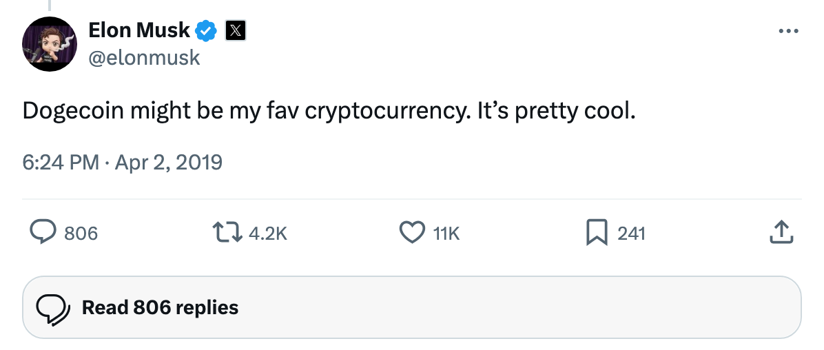 イーロン・マスクのXポスト「Dogecoin might be my fav cryptocurrency. It's pretty cool.」（2019年4月）