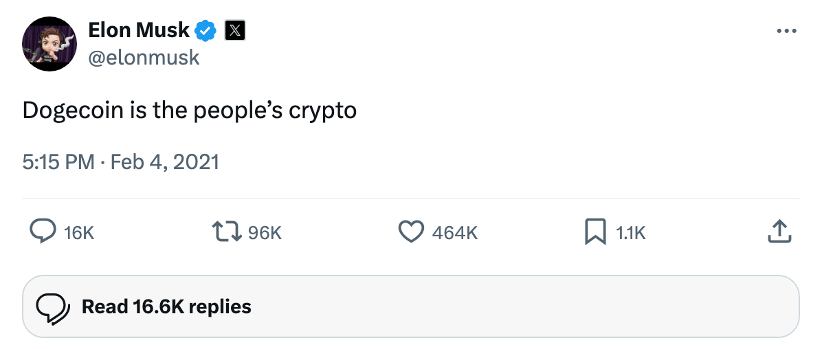 イーロン・マスクのXポスト「Dogecoin is the people's crypto」（2021年2月4日）